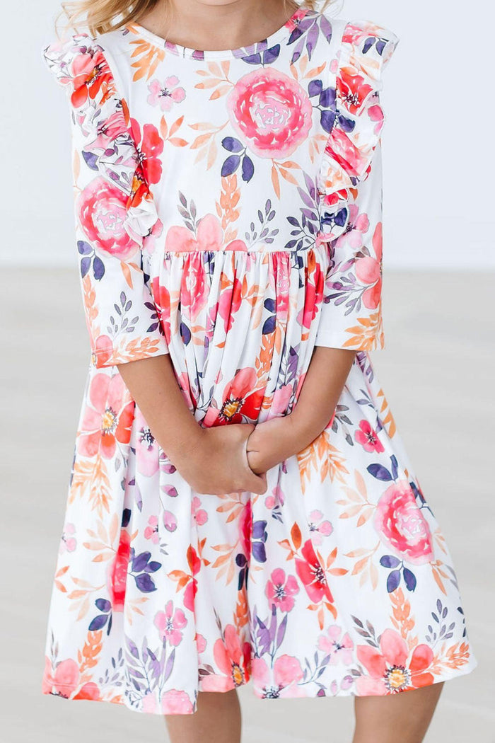 Tangerine Leaves 3/4 Sleeve Ruffle Twirl Dress-Mila & Rose ®