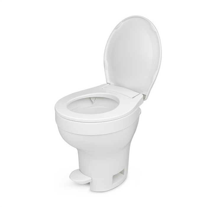 White Plastic RV Toilet with Open Lid - Top Angle View | United RV Parts