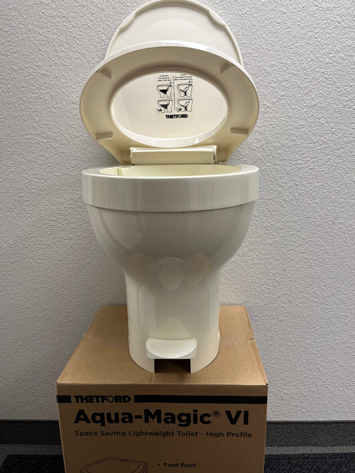 Parchment Thetford Aqua-Magic VI Hi Foot Flush RV Toilet - Front View with Open Seat | United RV Parts