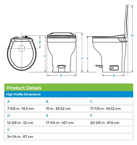 Thetford Aqua-Magic VI High Profile RV Toilet Dimensions Chart - Product Specifications | United RV Parts