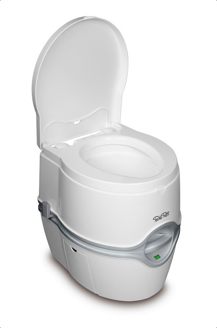 White Thetford Porta Potti 565E RV Toilet Open - Side Angle | United RV Parts