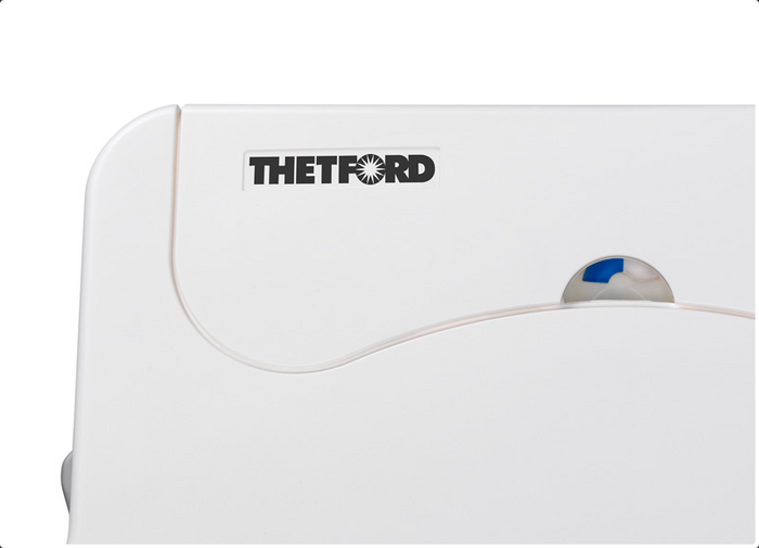 White Thetford Porta Potti 565E Brand Logo Detail - Top View | United RV Parts