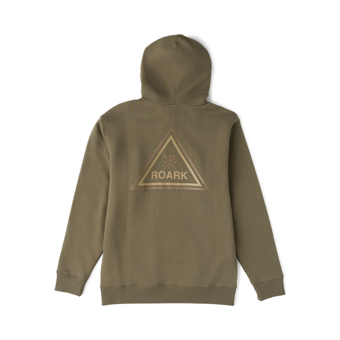 Olive green Roark Tri Camp Hoodie with triangle logo graphic on back, shown from rear view on white background