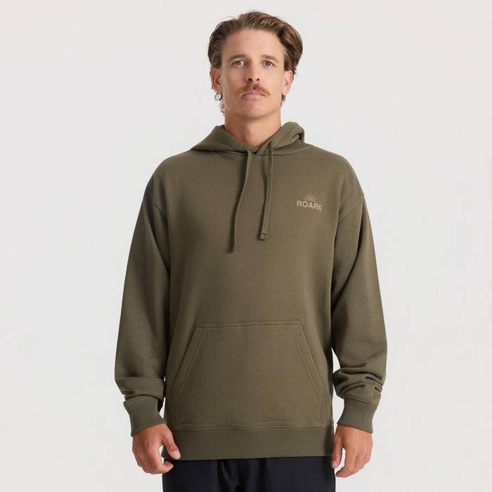 Olive green Roark Tri Camp Hoodie with drawstring hood and kangaroo pocket, worn by man in front view against neutral background