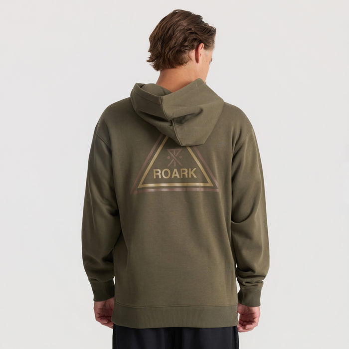 Khaki Roark Tri Camp Hoodie with triangle logo on back, shown from rear on male model wearing dark pants