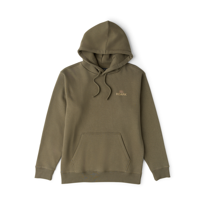 Khaki Roark Tri Camp Hoodie displayed flat lay on white background showing front logo and kangaroo pocket detail