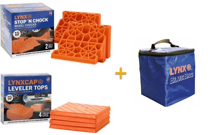 Orange Lynx Leveler Caps and Blue Storage Bag - Product Layout | United RV Parts