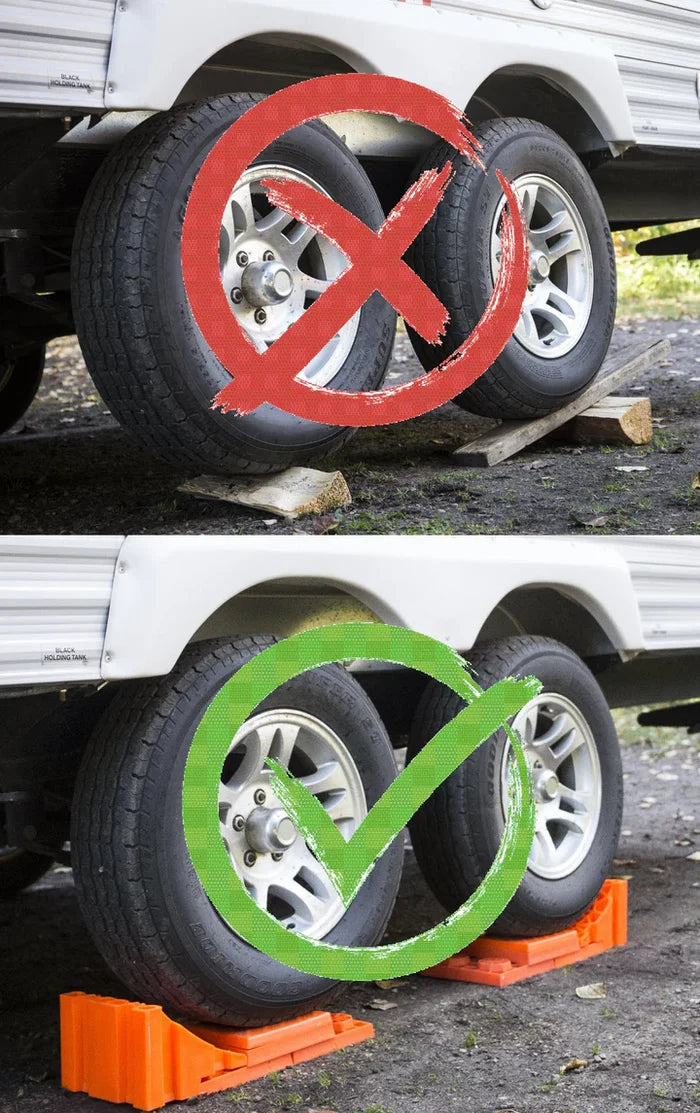 Orange RV Wheel Chocks in Use - Before and After Comparison | United RV Parts