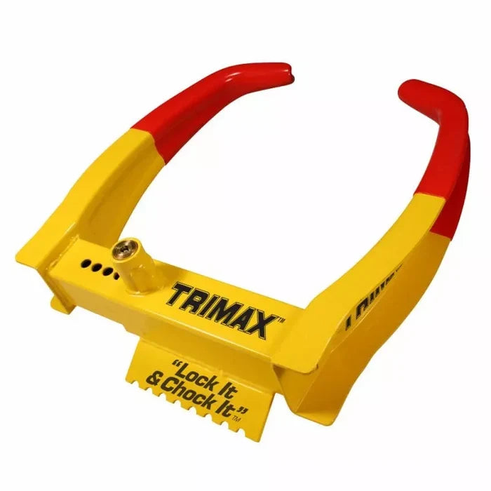 Yellow Red Trimax TCL75 Trailer Wheel Chock Lock - Front View | United RV Parts