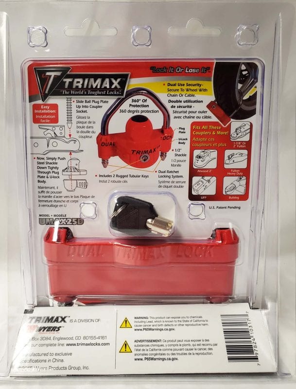 Trimax UMAX25 Universal Trailer Coupler Lock Retail Package - Back View | United RV Parts
