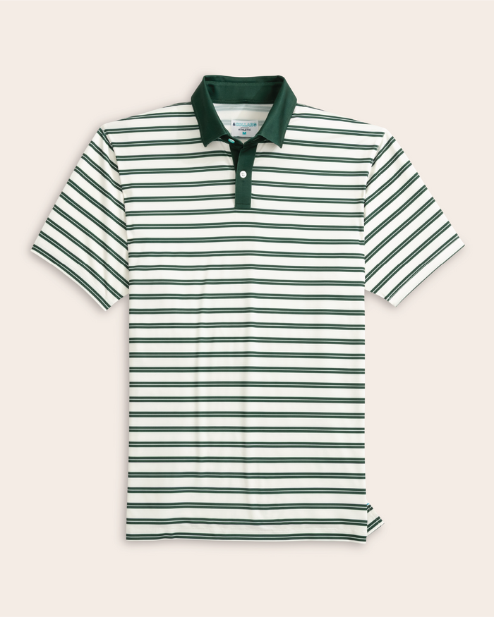 A cream and green striped short sleeve polo shirt