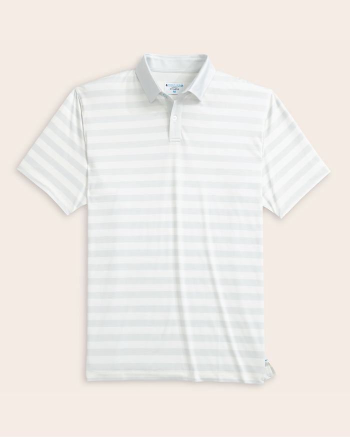 A white and gray striped short-sleeve polo shirt