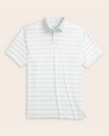 A white and gray striped short-sleeve polo shirt