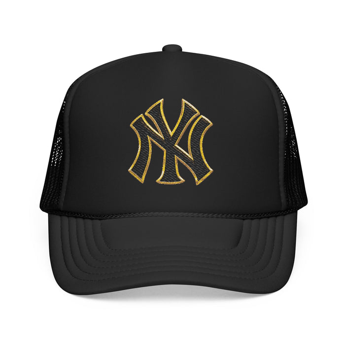 Trucker Hat — Black Foam Cap with Gold Embroidered NY Logo