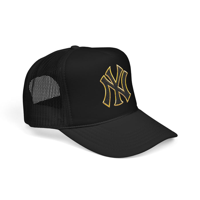 Trucker Hat — Black Foam Cap with Gold Embroidered NY Logo