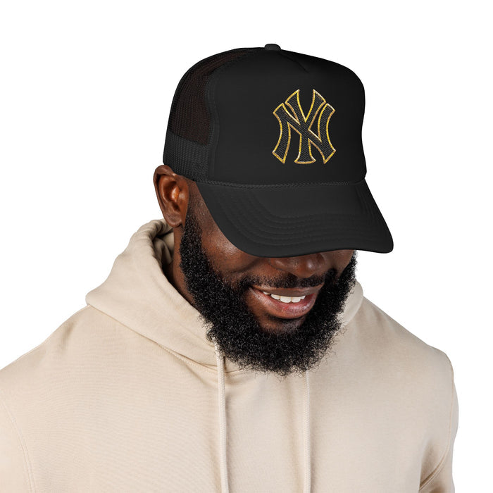 Trucker Hat — Black Foam Cap with Gold Embroidered NY Logo