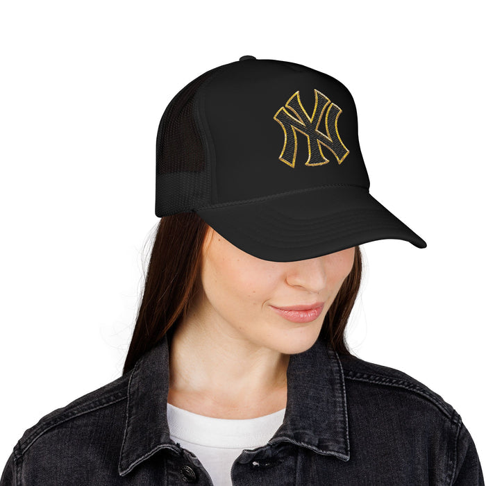 Trucker Hat — Black Foam Cap with Gold Embroidered NY Logo