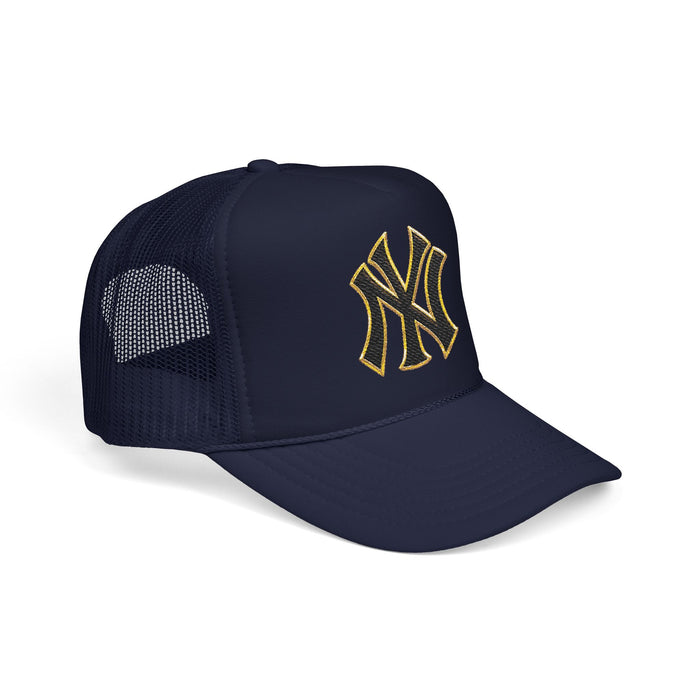 Trucker Hat — Black Foam Cap with Gold Embroidered NY Logo