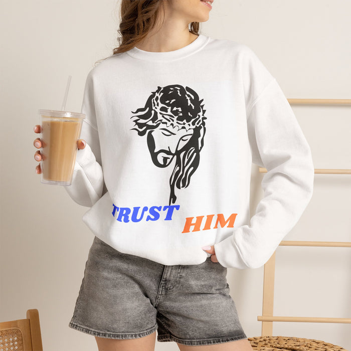 Trust Him Crewneck Sweatshirt — Jesus Head Graphic Faith Pullover