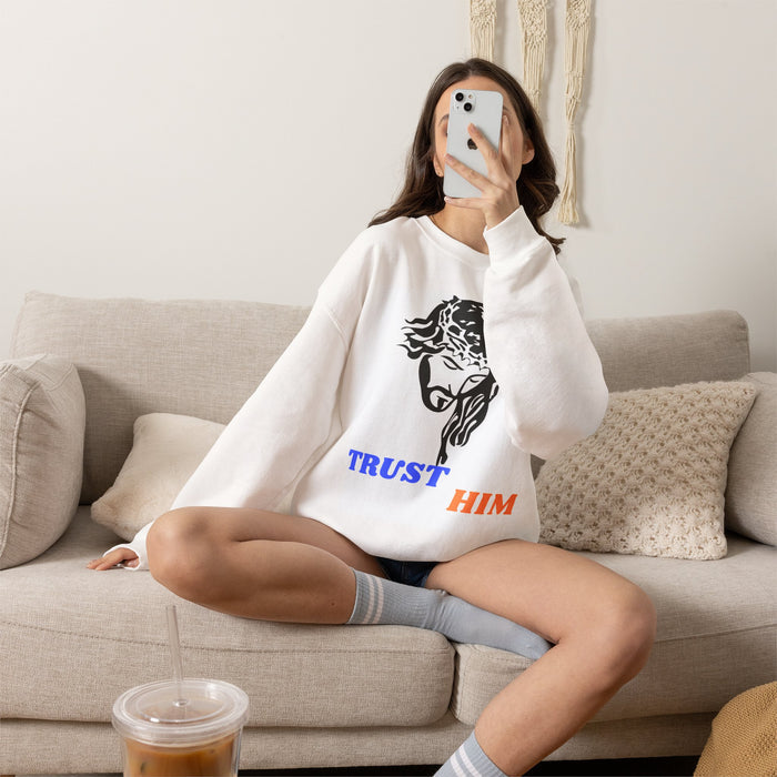 Trust Him Crewneck Sweatshirt — Jesus Head Graphic Faith Pullover