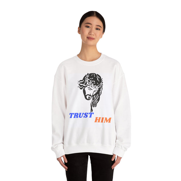 Trust Him Crewneck Sweatshirt — Jesus Head Graphic Faith Pullover