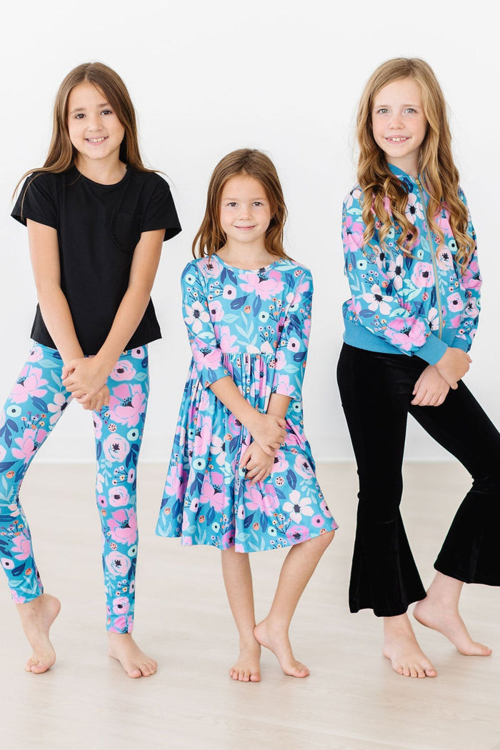 Twirling in Teal 3/4 Sleeve Pocket Twirl Dress-Mila & Rose ®