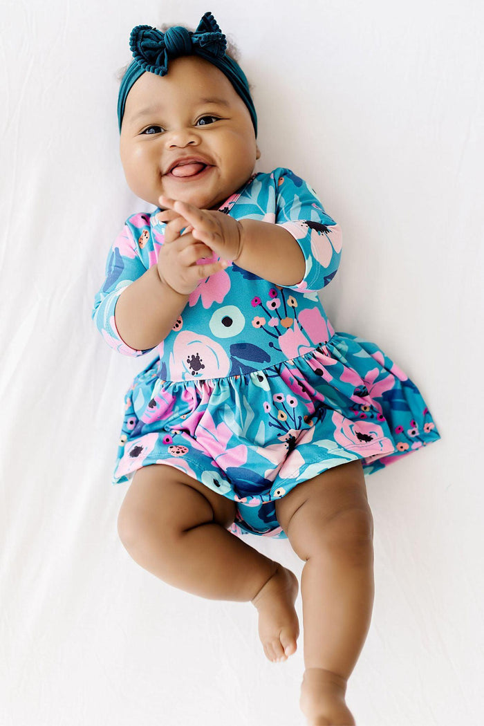 Twirling in Teal 3/4 Sleeve Twirl Bodysuit-Mila & Rose ®
