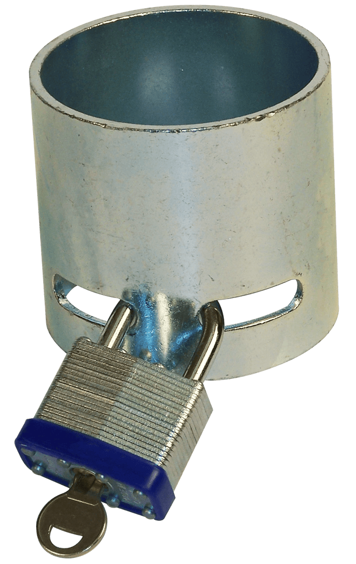 Silver Steel 5th Wheel King Pin Locking Cup with Blue Padlock - Angle View | United RV Parts