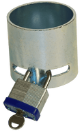 Silver Steel 5th Wheel King Pin Locking Cup with Blue Padlock - Angle View | United RV Parts