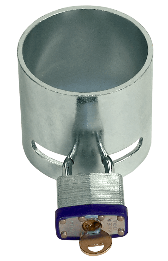 Silver Steel King Pin Locking Cup with Blue Padlock - Straight Front View | United RV Parts