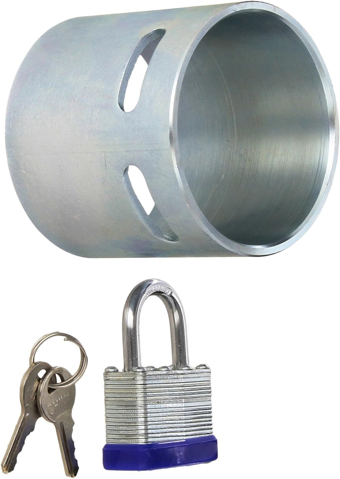 Silver Steel King Pin Locking Cup Set with Blue Padlock and Keys - Product Kit | United RV Parts