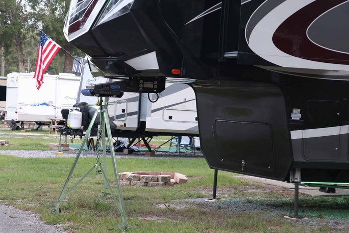 Ultra-Fab King Pin Stabilizer Installed Under Fifth Wheel Trailer at RV Campsite | United RV Parts