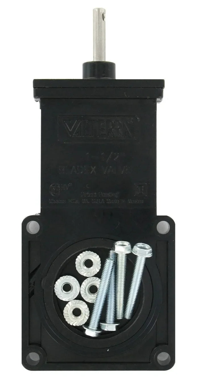 Black Valterra 1-1/2" Bladex RV Sewer Waste Valve Body with Drilled Stem, Nuts & Bolts - Front View | United RV Parts
