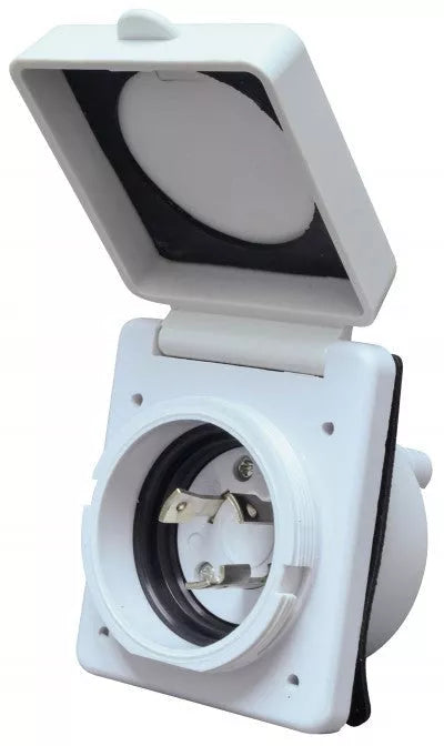 White Valterra 30A Twist-Lock Power Inlet A10-30INVP Open Cover View | United RV Parts