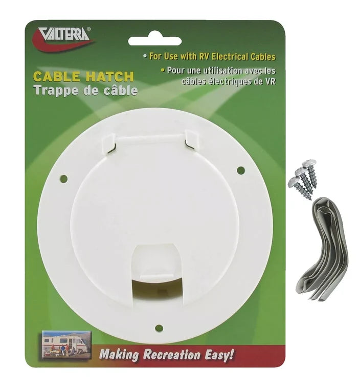 White ABS Round RV Cable Hatch A10-2135VP with Screws and Gasket - Packaging Front | United RV Parts