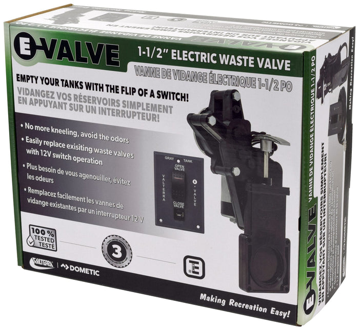Valterra E-Valve Electric Waste Valve - Package Front with Features | United RV Parts