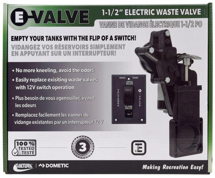 Valterra E-Valve Electric Waste Valve System - Package Top View with Specifications | United RV Parts