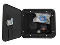 Black Valterra RV Water Inlet Hatch Open View with Brass Fittings & Hardware | United RV Parts