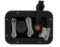 Black Metal RV Water Inlet Hatch - Open View with Components | United RV Parts