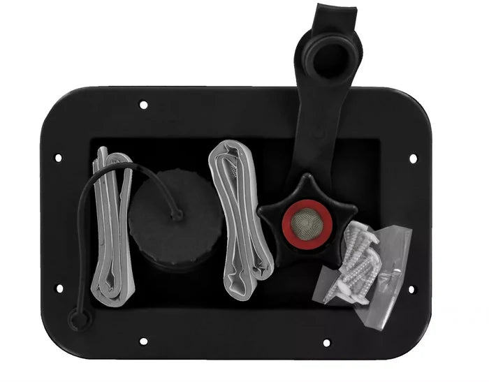 Black Metal RV Water Inlet Hatch - Open View with Components | United RV Parts