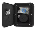 Black Plastic RV Gravity City Water Inlet Hatch Open View with Lock Hardware - Valterra A01-2002BKVP | United RV Parts