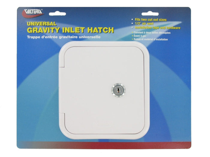 White Valterra Universal Gravity Inlet Hatch A01-2002VP - Front Packaging View | United RV Parts