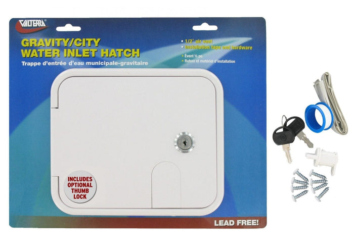 Valterra Gravity City Water Inlet Hatch A01-2004VP White - Retail Packaging with Lock & Hardware | United RV Parts