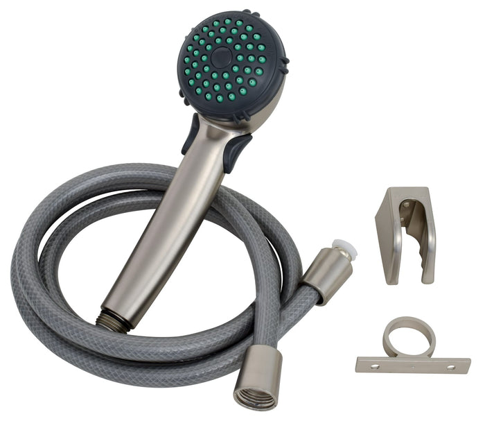 Nickel Valterra RV Handheld Shower Kit PF276044 with 60-inch hose and wall bracket - Full Kit View | United RV Parts