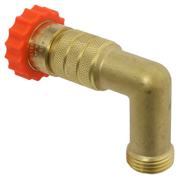 Brass RV Water Pressure Regulator with Orange Handle - Angled View | United RV Parts