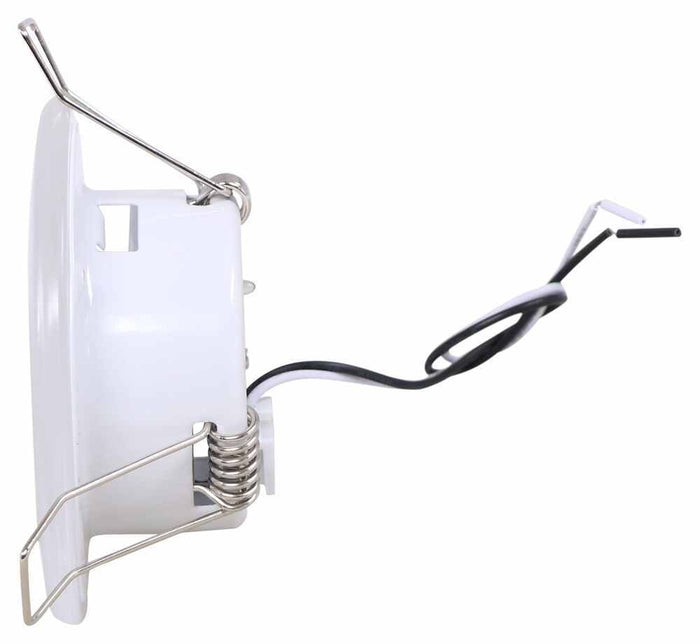 White Valterra 12V LED RV Downlight with Mounting Clips and Wiring - Side Profile | United RV Parts