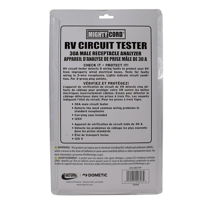 Valterra Mighty Cord 30A RV Circuit Tester A10-30CTVP - Packaging Back Label Detail | United RV Parts