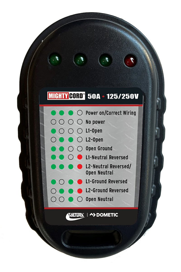 Black Valterra Mighty Cord 50 Amp RV Circuit Tester with LED fault indicators - Front View | United RV Parts
