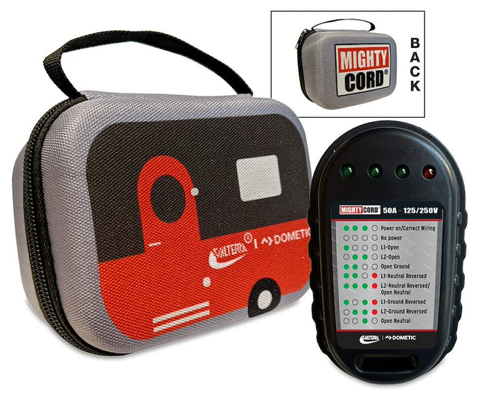 Valterra Mighty Cord 50 Amp RV Circuit Tester with grey RV-graphic carrying case - Product Set | United RV Parts