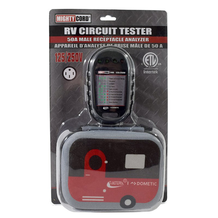 Valterra Mighty Cord 50A RV Circuit Tester with carrying case in retail packaging - Front View | United RV Parts